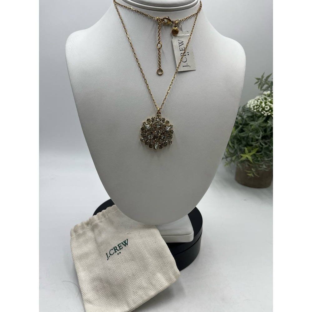 J. Crew Long Shiny Bling Rhinestone Sunburst‎ Pendant Gold Tone Necklace New